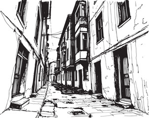 Gloomy urban alleyway, back streets. Hand drawn vector illustration	
