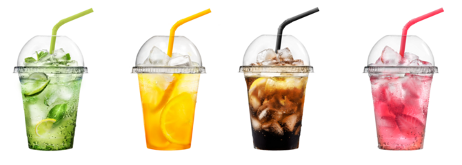 A Collection of Refreshing Beverages Served in Transparent Cups Featuring Straws