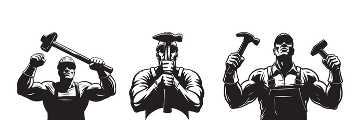 Strong workers silhouette illustration hardhat hammer shapes blacksmith construction muscular men