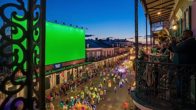 Exciting Mardi Gras parade with musicians and a huge green screen billboard at night