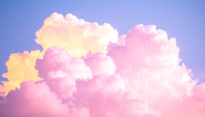 A breathtaking high-resolution sky filled with soft, luminous pastel clouds, forming an ethereal and serene natural background, beautifully shimmering with vibrant pink and yellow hues