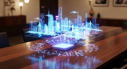 Holographic city projection on a wooden conference table. Future smart city planning and urban development concept. Digital architecture visualization with office background.