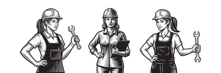 Empowered Women Tradeswomen Line Art Portraits of Construction Workers Builders Mechanics silhouette