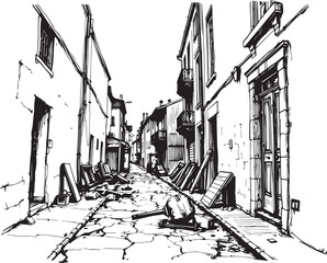 Gloomy urban alleyway, back streets. Hand drawn vector illustration	