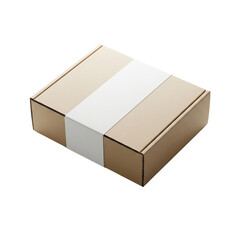 Obraz premium Beige cardboard box with a white label isolated on transparent background. This package is ideal for e-commerce product presentations and shipping visuals.
