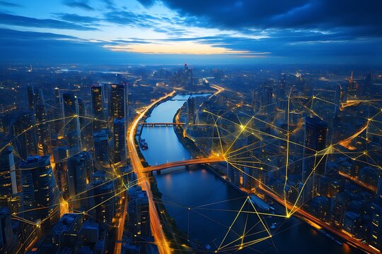 Illuminated Urban Landscape with Connecting Light Networks During Twilight Hours