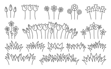 Spring blooming separate flowers and grass outline set front view. Tulip daffodil daisy chamomile, buds with stems, linear minimal cartoon colorful illustration. Soft palette, decorative plant mix