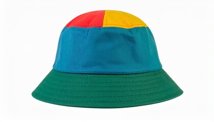 Fototapeta premium High-quality studio shot of a retro color block bucket hat featuring red, yellow, blue, and green, isolated on a pure white background.