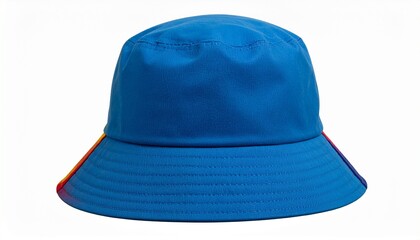 A vibrant blue bucket hat featuring a colorful rainbow accent, presented as a high-quality PNG isolated on a clean white background.