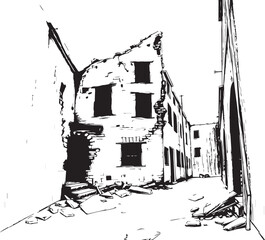 Gloomy urban alleyway, back streets. Hand drawn vector illustration	