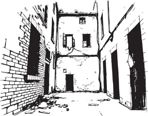 Gloomy urban alleyway, back streets. Hand drawn vector illustration	