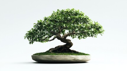 Minimalist bonsai tree on white background representing harmony and tranquility in cultivation