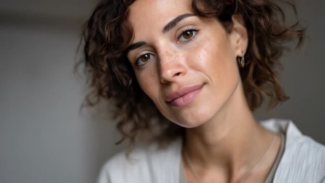 Portrait of a confident woman with curly hair, soft natural light, gentle smile.