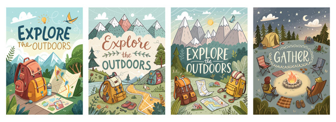 Illustrations promoting outdoor exploration, featuring camping gear and scenic mountain landscapes.