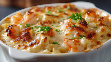 焼き立てで香ばしいチーズとエビとマカロニがたっぷり入ったクリーミーなグラタン