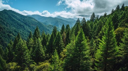 Fototapeta premium Forrest Horizon. Early Morning Light in Green Pine Trees on Mountainside Landscape