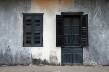 An aged government structure featuring a window with contrasting black and white shutters on opposite sides