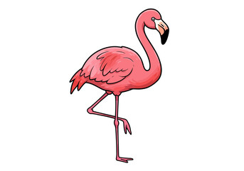 Fototapeta premium Cartoon Pink Flamingo Standing on One Leg with Black Outline