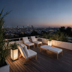 Fototapeta premium Minimalist Rooftop Garden with Wooden Decking, Lounge Chairs, and Ambient Lantern Lighting