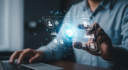 Businessman interacting with a holographic user interface for data analytics, business intelligence, and cybersecurity. Future of corporate management.