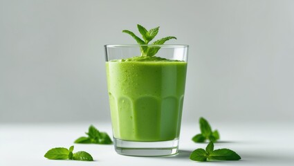 Fresh green smoothie with mint leaves in a glass, on a white surface with scattered mint leaves. Healthy drink and wellness concept. Dietary and natural beverages.