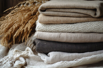 Stack of folded linen fabrics in earthy neutral tones with dried pampas grass on soft textile background
