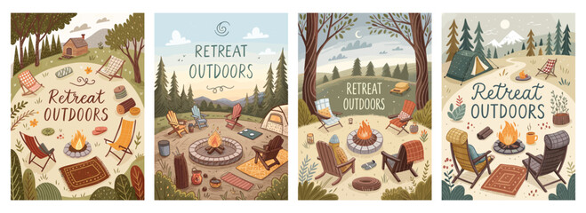 Whimsical illustrations of cozy outdoor retreats featuring campfires and relaxation spots.