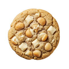 Perfectly baked golden-brown white chocolate macadamia nut cookie with melted white chocolate and macadamia nuts, isolated on transparent with soft studio light, concept of culinary perfection