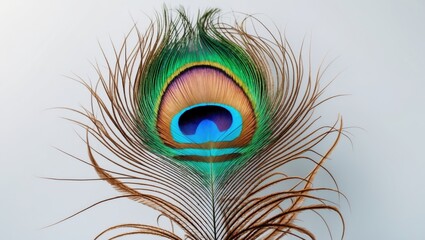 Obraz premium Colorful peacock feather displaying vibrant hues and intricate patterns. Nature and beauty, concept. Feather details and coloration. The concept of elegance and natural art.