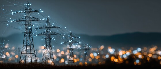Nighttime power grid with illuminated transmission lines