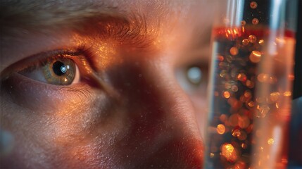 Close-up of a young person examining colorful liquid in a test tube, with a thoughtful gaze.