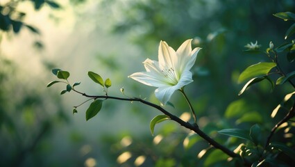 A white flower blooming on a branch with green leaves and blurred background.