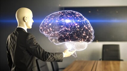 Abstract Digital Brain Concept Presented by Mannequin in Corporate Setting, Artificial - Powered by Adobe