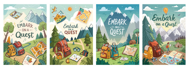 Colorful illustrated posters encouraging adventure and exploration in nature with backpacks and maps.