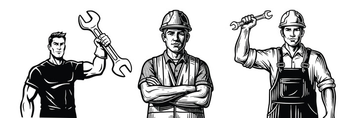 Skilled tradesmen illustrations hard work construction workers wrench labor force safety silhouette
