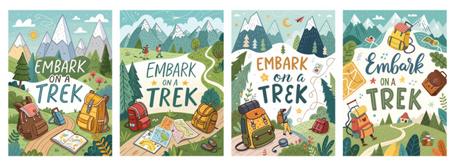 Colorful illustrated posters inviting adventure enthusiasts to embark on a trekking journey.