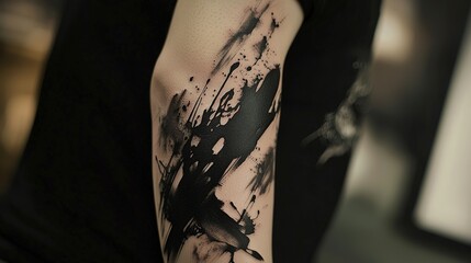Abstract tattoo sleeve with dynamic splashes and shapes.