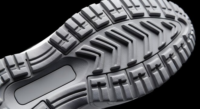 Close-up shot of a gray athletic shoe sole mockup, showcasing a textured tread pattern against a black background with a neutral