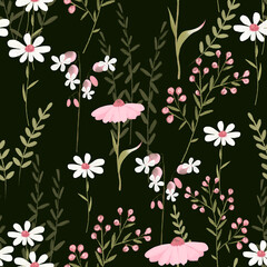 Flower meadow. White and pink flowers on a dark background, seamless digital pattern.