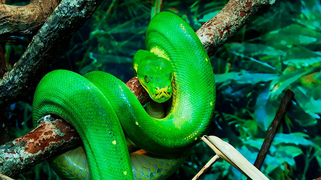 Green tree python coiled around a branch in a tropical rainforest, showcasing its vibrant emerald scales and intense gaze in natural habitat. Green Snake