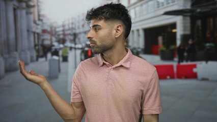 Man in pink polo shirt extends bare palm to side on city street with blurred building facades in...
