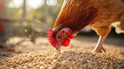 Close-up of a brown hen pecking grains on a farm, illuminated by warm sunlight. Free-range chicken feeding naturally outdoors.
