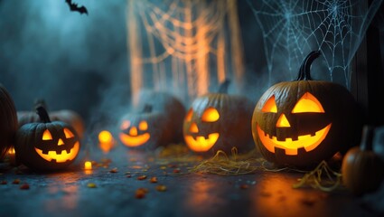 Halloween pumpkins with illuminated faces, spooky cobwebs, bats, and glowing candles create a festive, eerie atmosphere for the holiday night.