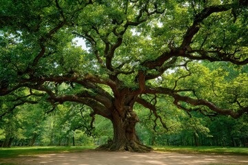 Fototapeta premium Giant Oak Tree. Majestic Nature's Splendor: Old Big Tree in Lush Green Park