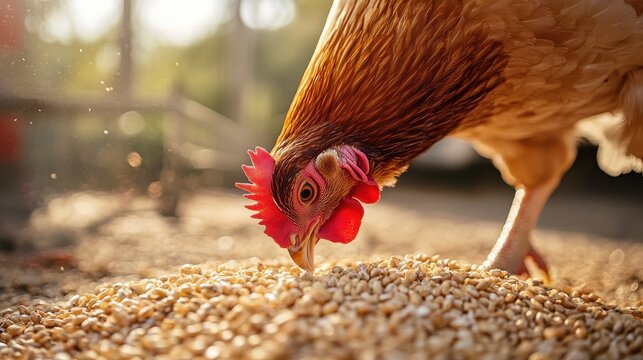 Close-up of a brown hen pecking grains on a farm, illuminated by warm sunlight. Free-range chicken feeding naturally outdoors.
