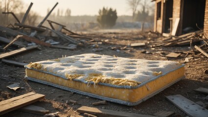 A torn and dirty mattress left in a ruinous environment amid debris and destruction.