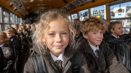 Fototapeta premium Elementary Students Singing on School Bus