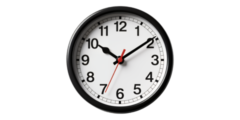 Black Analog Clock with Red Second Hand, Transparent Background, Minimalist Design Element
