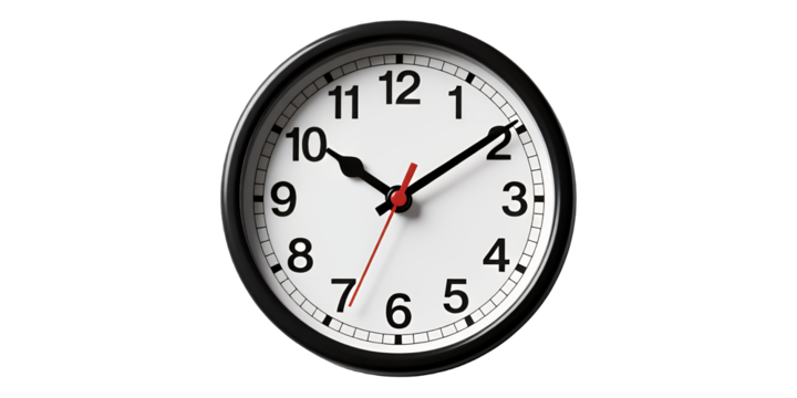 Black Analog Clock with Red Second Hand, Transparent Background, Minimalist Design Element