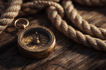 Columbus Day discovery – antique brass compass on nautical rope, cinematic studio shot
